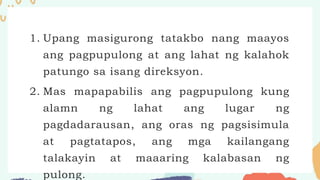 1. Upang masigurong tatakbo nang maayos
ang pagpupulong at ang lahat ng kalahok
patungo sa isang direksyon.
2. Mas mapapabilis ang pagpupulong kung
alamn ng lahat ang lugar ng
pagdadarausan, ang oras ng pagsisimula
at pagtatapos, ang mga kailangang
talakayin at maaaring kalabasan ng
pulong.
 