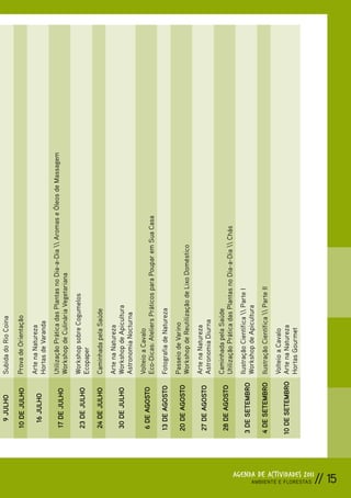 9 JULHO       Subida do Rio Coina

                                               10 DE JULHO     Prova de Orientação

                                                               Arte na Natureza
                                                 16 JULHO
                                                               Hortas de Varanda
                                                               Utilização Prática das Plantas no Dia-a-Dia  Aromas e Óleos de Massagem
                                               17 DE JULHO
                                                               Workshop de Culinária Vegetariana
                                                               Workshop sobre Cogumelos
                                               23 DE JULHO
                                                               Ecopaper
                                               24 DE JULHO     Caminhada pela Saúde
                                                               Arte na Natureza
                                               30 DE JULHO     Workshop de Apicultura
                                                               Astronomia Nocturna
                                                               Volteio a Cavalo
                                               6 DE AGOSTO
                                                               Eco-Dicas: Ateliers Práticos para Poupar em Sua Casa
                                               13 DE AGOSTO    Fotografia de Natureza
                                                               Passeio de Varino
                                              20 DE AGOSTO
                                                               Workshop de Reutilização de Lixo Doméstico
                                                               Arte na Natureza
                                               27 DE AGOSTO
                                                               Astronomia Diurna
                                                               Caminhada pela Saúde
                                              28 DE AGOSTO
                                                               Utilização Prática das Plantas no Dia-a-Dia  Chás
                                                               Ilustração Científica  Parte I
                                              3 DE SETEMBRO
                                                               Workshop de Apicultura
                                              4 DE SETEMBRO    Ilustração Científica  Parte II
                                                               Volteio a Cavalo
                                              10 DE SETEMBRO   Arte na Natureza
                                                               Hortas Gourmet




AMBIENTE E FLORESTAS
                 AGENDA DE ACTIVIDADES 2011
// 15
 