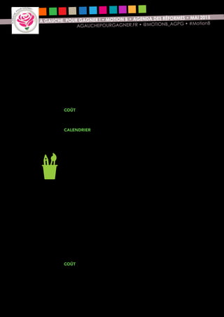 10
À GAUCHE, POUR GAGNER ! • MOTION B • AGENDA DES RÉFORMES • MAI 2015
AGAUCHEPOURGAGNER.FR • @MOTIONB_AGPG • #MotionB
de dotations. Nous proposons d’abord de ralentir la baisse des dotations de
fonctionnement en 2016 et 2017 (-4,4 Milliards sur deux ans au lieu de -7,4 Milliards
prévus par le gouvernement), notamment pour préserver les financements aux
associations qui assurent un maillage territorial essentiel.
Nous voulons surtout doter les collectivités d’2,9 Milliards € de dotations
d’investissements supplémentaires (DETR et dotation d’investissement aux
communes et aux intercommunalités). Ces fonds permettront le financement
d’infrastructures nouvelles, notamment le déploiement accéléré de la fibre
optique dans les territoires ruraux et périurbains, et la rénovation de bâtiments
publics. Ils feront vivre les services publics et l’économie locale (les entreprises
du BTP notamment) à travers la commande publique.
Coût
2,1 Milliards d’euros en 2016 puis 4,9 Milliards d’euros en 2017 (incluant les
moindres baisses des dotations).
Calendrier
PLFR 2015 et PLF 2017
***
La deuxième urgence concerne l’école et la culture. Loin de mettre à bas
les inégalités sociales, le système scolaire français les reproduit et même les
aggrave. Le gouvernement a engagé la refondation de l’école dès 2012. Cet
effort doit se poursuivre et même s’accélérer. Il est temps d’agir à tous les
niveaux, de la maternelle à l’université pour mettre en place un système scolaire
ambitieux pour tous et toutes les élèves.
Nous proposons donc les mesures suivantes : la revalorisation du traitement
des professeurs des écoles dont l’importance de la mission doit être réaffirmée
et la réforme du système d’affectation des enseignants pour rompre avec un
système qui conduit les enseignants les moins expérimentés à être affectés
dans les établissements les plus en difficulté.
L’action culturelle doit venir compléter le travail de l’Education nationale. Nous
voulons mettre en œuvre un plan d’éducation artistique et culturelle à l’école,
avec par exemple des résidences d’artistes dans les collèges (100 millions
d’euros) et renforcer les financements aux projets culturels territoriaux via une
augmentation des dotations aux collectivités territoriales et des crédits de
la création culturelle du Ministère de la Culture (200 millions d’euros). Nous
éviterons ainsi les fermetures de lieux culturels et les annulations de festivals
observées cette année.
Coût
750 millions d’euros par an qui permettent de financer une prime annuelle
de 1400 euros pour tous les enseignants du 1er degré et le plan d’éducation
 