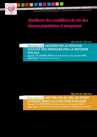 8
À GAUCHE, POUR GAGNER ! • MOTION B • AGENDA DES RÉFORMES • MAI 2015
AGAUCHEPOURGAGNER.FR • @MOTIONB_AGPG • #MotionB
Améliorer les conditions de vie des
classes populaires et moyennes
L’attention portée aux conséquences des décisions publiques sur les plus
modestes et sur les classes moyennes est au cœur de notre réflexion.
L’amélioration de leurs conditions de vie et la réduction des inégalités doivent
guider notre action.
La fusion de l’impôt sur le revenu et de la CSG, engagement présidentiel de
2012, paraît difficile à mettre entièrement en œuvre d’ici 2017. Mais, nous ne
voulons pas que, comme sur d’autres sujets, les Français nous reprochent de ne
pas avoir essayé. Nous proposons donc de procéder à une première étape de
ce rapprochement, aux bénéfices immédiats de pouvoir d’achat pour les plus
modestes et pour la moitié des contribuables : l’instauration d’un barème
progressif de la CSG.
Afin qu’elle soit neutre pour les finances publiques et qu’elle ne se fasse pas
au détriment des capacités d’investissement et d’intervention de l’État et de
la Sécurité sociale, cette réforme consisterait à abaisser les taux de CSG sur
les revenus d’activités des 50% des contribuables et à augmenter la CSG sur le
capital et la taxe sur les dividendes.
Depuis 2010, le point d’indice de la fonction publique est gelé. Cela signifie que,
malgré la faible inflation, les revenus réels des 5,2 millions de fonctionnaires ont
baissé (selon l’INSEE : -0,8% entre 2011 et 2012 pour la fonction publique d’État,
-0,5% pour la fonction publique territoriale et -0,6% pour la fonction publique
Agenda des réformes
Décision n°4 AUGMENTER LE POUVOIR
D’ACHAT DES MÉNAGES PAR LA RÉFORME
FISCALE
Quand ? Au PLFRSS 2015 pour application au 1er Janvier 2016
Quel Coût ? Réforme autofinancée
Agenda des réformes
Décision n°5 METTRE FIN AU GEL DU POINT
D’INDICE DANS LA FONCTION PUBLIQUE
Quand ? Au PLFR 2015 pour application au 1er Janvier 2016
Quel Coût ? 875 millions d’euros en 2016 et 1,75 Milliards en 2017
 