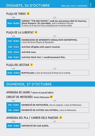 CATALÀ
PLAÇA DE TOROS 32
HORA ACTE
18.00 – 00.00 h
TARDEO "THE BIG SHOW!", amb les actuacions dels DJ Kacctus,
Óscar Romero i DJ convidats, amb la col·laboració d’Ink Jove.
Els menors de 18 anys han d’anar acompanyats per una persona adulta.
PLAÇA DE LA LLIBERTAT 19
HORA ACTE
17.00 – 20.00 h
EXHIBICIONS DE DIFERENTS MODALITATS ESPORTIVES,
a càrrec del Serveis d’Esports de l’Ajuntament.
17.00 – 17.45 h Activitat dirigida amb suport musical.
18.00 – 18.45 h Activitat suau.
19.00 – 19.45 h Activitat Work Out / condicionament físic.
PLAÇA DEL BESTIAR 11
HORA ACTE
20.00 – 22.00 h BUNYOLADA a càrrec de l’Associació de Veïnats de So na Monda.
DISSABTE, 26 D’OCTUBRE
DIUMENGE, 27 D’OCTUBRE
AVINGUDA DE JAUME I (darrere el camp del Sallista)
CIRCUIT DE MOTOCRÒS Territori 100emocions 38
HORA ACTE
9.00 – 19.00 h EXHIBICIÓ DE MOTOCRÒS, totes les categories, a càrrec de 100emocions.
9.00 – 19.00 h EXHIBICIÓ DE COTXES 4X4 EXTREM, a càrrec de 100emocions.
AVINGUDA DEL PLA / CARRER DELS PAGESOS 31
HORA ACTE
10.00 – 19.00 h EXPOSICIÓ DE CAR AUDIO.
FIRA DE L’OCI I L’ESPORT
 