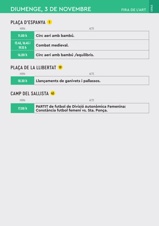 CATALÀ
DIUMENGE, 3 DE NOVEMBRE FIRA DE L’ART
PLAÇA D’ESPANYA 1
HORA ACTE
11.00 h Circ aeri amb bambú.
12.45, 16.45 i
19.15 h
Combat medieval.
16.00 h Circ aeri amb bambú /equilibris.
PLAÇA DE LA LLIBERTAT 19
HORA ACTE
18.30 h Llançaments de ganivets i pallassos.
CAMP DEL SALLISTA 45
HORA ACTE
17.00 h
PARTIT de futbol de Divisió Autonòmica Femenina:
Constància futbol femení vs. Sta. Ponça.
 