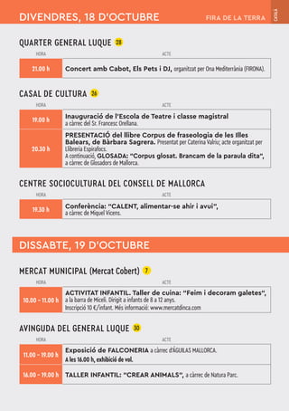 QUARTER GENERAL LUQUE 28
HORA ACTE
21.00 h Concert amb Cabot, Els Pets i DJ, organitzat per Ona Mediterrània (FIRONA).
CASAL DE CULTURA 26
HORA ACTE
19.00 h
Inauguració de l’Escola de Teatre i classe magistral
a càrrec del Sr. Francesc Orellana.
20.30 h
PRESENTACIÓ del llibre Corpus de fraseologia de les Illes
Balears, de Bàrbara Sagrera. Presentat per Caterina Valriu; acte organitzat per
Llibreria Espirafocs.
A continuació, GLOSADA: “Corpus glosat. Brancam de la paraula dita“,
a càrrec de Glosadors de Mallorca.
CENTRE SOCIOCULTURAL DEL CONSELL DE MALLORCA
HORA ACTE
19.30 h Conferència: “CALENT, alimentar-se ahir i avui”,
a càrrec de Miquel Vicens.
DIVENDRES, 18 D’OCTUBRE
CATALÀ
MERCAT MUNICIPAL (Mercat Cobert) 7
HORA ACTE
10.00 – 11.00 h
ACTIVITAT INFANTIL. Taller de cuina: “Feim i decoram galetes“,
a la barra de Miceli. Dirigit a infants de 8 a 12 anys.
Inscripció 10 €/infant. Més informació: www.mercatdinca.com
AVINGUDA DEL GENERAL LUQUE 30
HORA ACTE
11.00 – 19.00 h
Exposició de FALCONERIA a càrrec d'ÁGUILAS MALLORCA.
A les 16.00 h, exhibició de vol.
16.00 – 19.00 h TALLER INFANTIL: “CREAR ANIMALS“, a càrrec de Natura Parc.
DISSABTE, 19 D’OCTUBRE
FIRA DE LA TERRA
 