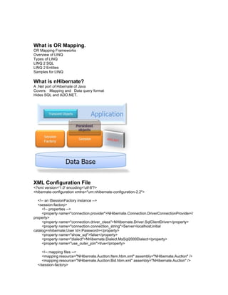 What is OR Mapping.
OR Mapping Frameworks
Overview of LINQ
Types of LINQ
LINQ 2 SQL
LINQ 2 Entities
Samples for LINQ

What is nHibernate?
A .Net port of Hibernate of Java
Covers: Mapping and Data query format
Hides SQL and ADO.NET.




XML Configuration File
<?xml version='1.0' encoding='utf-8'?>
<hibernate-configuration xmlns="urn:nhibernate-configuration-2.2">

  <!-- an ISessionFactory instance -->
  <session-factory>
     <!-- properties -->
     <property name="connection.provider">NHibernate.Connection.DriverConnectionProvider</
property>
     <property name="connection.driver_class">NHibernate.Driver.SqlClientDriver</property>
     <property name="connection.connection_string">Server=localhost;initial
catalog=nhibernate;User Id=;Password=</property>
     <property name="show_sql">false</property>
     <property name="dialect">NHibernate.Dialect.MsSql2000Dialect</property>
     <property name="use_outer_join">true</property>

     <!-- mapping files -->
     <mapping resource="NHibernate.Auction.Item.hbm.xml" assembly="NHibernate.Auction" />
     <mapping resource="NHibernate.Auction.Bid.hbm.xml" assembly="NHibernate.Auction" />
  </session-factory>
 
