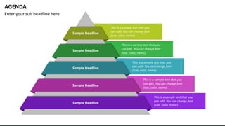 AGENDA
Enter your sub headline here
Sample Headline
Sample Headline
Sample Headline
Sample Headline
Sample Headline
This is a sample text that you
can edit. You can change font
(size, color, name).
This is a sample text that you
can edit. You can change font
(size, color, name).
This is a sample text that you
can edit. You can change font
(size, color, name).
This is a sample text that you
can edit. You can change font
(size, color, name).
This is a sample text that you
can edit. You can change font
(size, color, name).
 