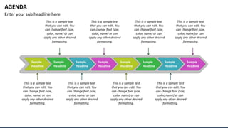AGENDA
Enter your sub headline here
Sample
Headline
Sample
Headline
Sample
Headline
Sample
Headline
Sample
Headline
Sample
Headline
Sample
Headline
Sample
Headline
This is a sample text
that you can edit. You
can change font (size,
color, name) or can
apply any other desired
formatting.
This is a sample text
that you can edit. You
can change font (size,
color, name) or can
apply any other desired
formatting.
This is a sample text
that you can edit. You
can change font (size,
color, name) or can
apply any other desired
formatting.
This is a sample text
that you can edit. You
can change font (size,
color, name) or can
apply any other desired
formatting.
This is a sample text
that you can edit. You
can change font (size,
color, name) or can
apply any other desired
formatting.
This is a sample text
that you can edit. You
can change font (size,
color, name) or can
apply any other desired
formatting.
This is a sample text
that you can edit. You
can change font (size,
color, name) or can
apply any other desired
formatting.
This is a sample text
that you can edit. You
can change font (size,
color, name) or can
apply any other desired
formatting.
 