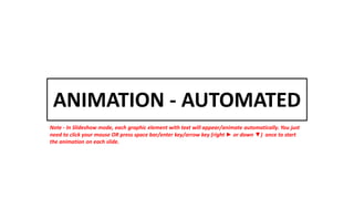 ANIMATION - AUTOMATED
Note - In Slideshow mode, each graphic element with text will appear/animate automatically. You just
need to click your mouse OR press space bar/enter key/arrow key (right ► or down ▼) once to start
the animation on each slide.
 