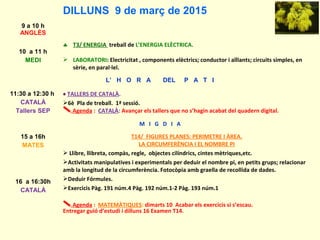 DILLUNS 9 de març de 2015
9 a 10 h
ANGLÈS
10 a 11 h
MEDI
♣ T3/ ENERGIA treball de L’ENERGIA ELÈCTRICA.
 LABORATORI: Electricitat , components elèctrics; conductor i aïllants; circuits simples, en
sèrie, en paral·lel.
L’ H O R A DEL P A T I
11:30 a 12:30 h
CATALÀ
Tallers SEP
♠ TALLERS DE CATALÀ.
6è Pla de treball. 1ª sessió.
Agenda : CATALÀ: Avançar els tallers que no s’hagin acabat del quadern digital.
M I G D I A
15 a 16h
MATES
T14/ FIGURES PLANES: PERIMETRE I ÀREA.
LA CIRCUMFERÈNCIA I EL NOMBRE PI
 Llibre, llibreta, compàs, regle, objectes cilíndrics, cintes mètriques,etc.
Activitats manipulatives i experimentals per deduir el nombre pi, en petits grups; relacionar
amb la longitud de la circumferència. Fotocòpia amb graella de recollida de dades.
Deduir Fórmules.
Exercicis Pàg. 191 núm.4 Pàg. 192 núm.1-2 Pàg. 193 núm.1
Agenda : MATEMÀTIQUES: dimarts 10 Acabar els exercicis si s’escau.
Entregar guió d’estudi i dilluns 16 Examen T14.
16 a 16:30h
CATALÀ
 