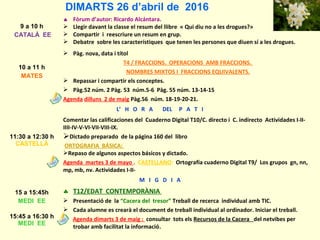 DIMARTS 26 d’abril de 2016
9 a 10 h
CATALÀ EE
♠ Fòrum d’autor: Ricardo Alcántara.
 Llegir davant la classe el resum del llibre « Qui diu no a les drogues?»
 Compartir i reescriure un resum en grup.
 Debatre sobre les característiques que tenen les persones que diuen sí a les drogues.
10 a 11 h
MATES
 Pàg. nova, data i títol
T4 / FRACCIONS. OPERACIONS AMB FRACCIONS.
NOMBRES MIXTOS I FRACCIONS EQUIVALENTS.
 Repassar i compartir els conceptes.
 Pàg.52 núm. 2 Pàg. 53 núm.5-6 Pàg. 55 núm. 13-14-15
Agenda dilluns 2 de maig Pàg.56 núm. 18-19-20-21.
L’ H O R A DEL P A T I
11:30 a 12:30 h
CASTELLÀ
Comentar las calificaciones del Cuaderno Digital T10/C. directo i C. indirecto Actividades I-II-
IIII-IV-V-VI-VII-VIII-IX.
Dictado preparado de la página 160 del libro
ORTOGRAFIA BÁSICA:
Repaso de algunos aspectos básicos y dictado.
Agenda martes 3 de mayo . CASTELLANO: Ortografía cuaderno Digital T9/ Los grupos gn, nn,
mp, mb, nv. Actividades I-II-
M I G D I A
15 a 15:45h
MEDI EE
♣ T12/EDAT CONTEMPORÀNIA
 Presentació de la “Cacera del tresor” Treball de recerca individual amb TIC.
 Cada alumne es crearà el document de treball individual al ordinador. Iniciar el treball.
Agenda dimarts 3 de maig : consultar tots els Recursos de la Cacera del netvibes per
trobar amb facilitat la informació.
15:45 a 16:30 h
MEDI EE
 
