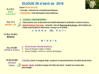 DIJOUS 29 d’abril de 2016
9 a 10 h
MEDI
-Laboratori
(canvi Matemàtiques)
Corregir el dossier de competències bàsiques.
♦PROBLEMES: Fulls fotocopiats amb problemes.
10 a 11 h
MATES- EE
♣ T12/EDAT CONTEMPORÀNIA
 Cada alumne crea el document de treball individual al ordinador e inicia la recerca.
Agenda dimarts 3 de maig : consultar tots els Recursos de la Cacera del netvibes per
trobar amb facilitat la informació i avançar en el treball.
L’ H O R A DEL P A T I
11:30 a 12:30 h
MÚSICA
M I G D I A
15 a 15:30h
CATALÀ -lectura
♠ Fòrum d’autor: Ricardo Alcántara.
 Tipus de drogues: legals i il·legals.
 Pensar Eslògans contra el consum de drogues.
15:30-16:30h
CATALÀ
Tallers
♠TEATRE: Conte «L’aneguet lleig» preparar la representació per als petits de parvulari.
Agenda Català: Estudiar el paper de l’obra de teatre. Acabar les carotes dels
personatges.
 