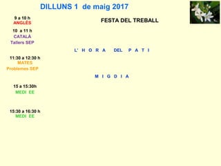 DILLUNS 1 de maig 2017
9 a 10 h
ANGLÈS FESTA DEL TREBALL
10 a 11 h
CATALÀ
Tallers SEP
L’ H O R A DEL P A T I
11:30 a 12:30 h
MATES
Problemes SEP
M I G D I A
15 a 15:30h
MEDI EE
15:30 a 16:30 h
MEDI EE
 