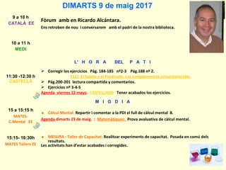 DIMARTS 9 de maig 2017
9 a 10 h
CATALÀ EE
Fòrum amb en Ricardo Alcántara.
Ens retroben de nou i conversarem amb el padrí de la nostra biblioteca.
10 a 11 h
MEDI
L’ H O R A DEL P A T I
11:30 -12:30 h
CASTELLÀ
 Corregir los ejercicios Pág. 184-185 nº2-3 Pág.188 nº 2.
T11/ El Sujeto y el Predicado. Los complementos circunstanciales.
 Pág.200-201 lectura compartida y comentarios.
 Ejercicios nº 3-4-5
Agenda viernes 12 mayo. CASTELLANO: Tener acabados los ejercicios.
M I G D I A
15 a 15:15 h
MATES-
C.Mental EE
♦ Càlcul Mental: Repartir i comentar a la PDI el full de càlcul mental 8.
Agenda dimarts 23 de maig. : Matemàtiques: Prova avaluativa de càlcul mental.
15:15- 16:30h
MATES Tallers EE
♦ MESURA : Taller de Capacitat: Realitzar experiments de capacitat. Posada en comú dels
resultats.
Les activitats han d’estar acabades i corregides.
 