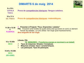 DIMARTS 6 de maig 2014
9 a 10 h
CATALÀ
Tallers
Prova de competències bàsiques: llengua catalana.
10 a 11 h
ED. FÍSICA Prova de competències bàsiques: matemàtiques.
11:30 a 12:30
h
PLÀSTICA
# Presentar el Projecte “Peus, Empremtes i sabates”
PDI, l'iniciarem amb l'anàlisi de quatre obres d'art que tenen en comú un element
formal: les sabates, i un únic artista: Van Gogh (post impressionisme).
Breu biografia de Van Gogh.
15 a 15:45h
MEDI
Llibreta, PDI,
T5/ MÀQUINES ( Transforma energia en moviment o en treball)
 Tipus de màquines: Simples i Complexes.
 Màquines simples: tipus i característiques.
 Les palanques. Tipus de palanques.
15:45 a 16:30h
MEDI
(EE-USSE)
 