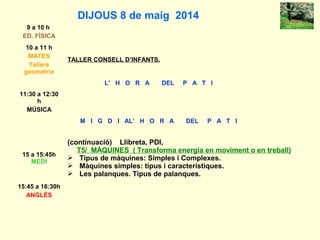 DIJOUS 8 de maig 2014
9 a 10 h
ED. FÍSICA
10 a 11 h
MATES
Tallers
geometria
TALLER CONSELL D’INFANTS.
L’ H O R A DEL P A T I
11:30 a 12:30
h
MÚSICA
M I G D I AL’ H O R A DEL P A T I
15 a 15:45h
MEDI
(continuació) Llibreta, PDI,
T5/ MÀQUINES ( Transforma energia en moviment o en treball)
 Tipus de màquines: Simples i Complexes.
 Màquines simples: tipus i característiques.
 Les palanques. Tipus de palanques.
15:45 a 16:30h
ANGLÈS
 