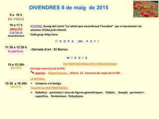 DIVENDRES 8 de maig de 2015
9 a 10 h
ED. FÍSICA
10 a 11 h
ANGLÈS
CATALÀ
desdoblament
♠TEATRE: Assaig del conte “La rateta que escombrava l’escaleta” per a representar als
alumnes d’Educació Infantil.
Cada grup mitja hora.
L’ H O R A DEL P A T I
11:30 a 12:30 h
PLÀSTICA
♦Xerrada d’art : El Barroc.
M I G D I A
15 a 15:30h
MATES
T9/ PROPORCIONALITAT I PERCENTATGES
Corregir exercicis de la PDI.
Agenda : Matemàtiques : dilluns 11 : Exercicis de repàs de la PDI.
15:30 a 16:30h
MATES
LA BOTIGA.
 Compres a la botiga.
TALLERS de MATEMÀTIQUES .
 Robòtica : perímetre i àrea de figures geomètriques. Tablets . Geoplà: perímetre i
superfície. Pentaminos. Polyndrons.
 