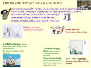 Setmana 2 de l’any, del 11 a l’15 de gener de 2016
Gener i febrer : dimecres ,
dia sense pilota; dijous, dia de
bàsquet.
Treballs de camp:
l'Hort: veurem com ho
trobem després de les
vacances.
Taller de pes i alçada
dels alumnes de primària.
Continuem processant les
dades amb excell.
Comencem un nou ANY i també, un nou trimestre ; hem de posar tota la
nostra il·lusió i energia per aconseguir grans fites, aprendre molt i , com no,
passar-ho d’allò més bé. Recordeu el nostre eslògan:
AMB ÀNIM I ESFORÇ, S’APREN MÉS I MILLOR.
Ordeneu carpetes, estoigs, llapis a punt, i endavant!
Plàstica: Iniciarem
l’estudi dels bodegons.
L’Edat Moderna , l’època
de vaixells, l’època dels grans
descobriments.
Serà tant interessant com
l’anterior.
Consell d’Infants:
Tenim sessió taller a l’aula
 