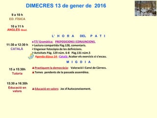 DIMECRES 13 de gener de 2016
9 a 10 h
ED. FÍSICA
10 a 11 h
ANGLÈS desd.
L’ H O R A DEL P A T I
11:30 a 12:30 h
CATALÀ
♠T7/ Gramàtica: PREPOSICIONS I CONJUNCIONS.
Lectura compartida Pàg.128, comentaris.
Enganxar fotocòpia de les definicions.
Activitats Pàg. 129 núm. 6-8 Pàg.131 núm.5
Agenda dijous 14 : Català: Acabar els exercicis si s’escau.
M I G D I A
15 a 15:30h
Tutoria
▲Practiquem la democràcia: Valoració i Canvi de Càrrecs.
▲Temes pendents de la passada assemblea.
15:30 a 16:30h
Educació en
valors
▲Educació en valors: Joc d’Autoconeixement.
 
