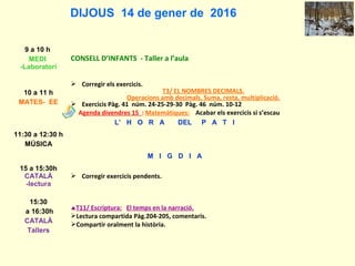 DIJOUS 14 de gener de 2016
9 a 10 h
MEDI
-Laboratori
CONSELL D’INFANTS - Taller a l’aula
10 a 11 h
MATES- EE
 Corregir els exercicis.
T3/ EL NOMBRES DECIMALS.
Operacions amb decimals. Suma, resta, multiplicació.
 Exercicis Pàg. 41 núm. 24-25-29-30 Pàg. 46 núm. 10-12
Agenda divendres 15 : Matemàtiques: Acabar els exercicis si s’escau
L’ H O R A DEL P A T I
11:30 a 12:30 h
MÚSICA
M I G D I A
15 a 15:30h
CATALÀ
-lectura
 Corregir exercicis pendents.
15:30
a 16:30h
CATALÀ
Tallers
♠T11/ Escriptura: El temps en la narració.
Lectura compartida Pàg.204-205, comentaris.
Compartir oralment la història.
 