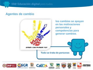 Agentes de cambio 
los cambios se apoyan 
en las motivaciones 
personales y 
competencias para 
generar cambios. 
5 
 