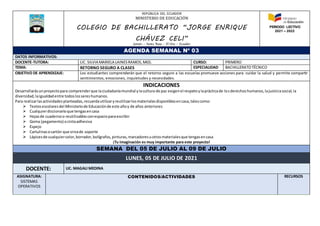 REPÚBLICA DEL ECUADOR
MINISTERIO DE EDUCACIÓN
COLEGIO DE BACHILLERATO “JORGE ENRIQUE
CHÁVEZ CELI”
Jumón – Santa Rosa – El Oro – Ecuador
PERIODO LECTIVO
2021 – 2022
AGENDA SEMANAL Nº 03
DATOS INFORMATIVOS:
DOCENTE-TUTORA: LIC. SILVIA MARIELA LAINESRAMOS,MGS. CURSO: PRIMERO
TEMA: RETORNO SEGURO A CLASES ESPECIALIDAD BACHILLERATOTÉCNICO
OBJETIVO DE APRENDIZAJE: Los estudiantes comprenderán que el retorno seguro a las escuelas promueve acciones para cuidar la salud y permite compartir
sentimientos, emociones, inquietudes y necesidades.
INDICACIONES
Desarrollarásunproyectopara comprenderque laciudadaníamundial ylacultura de paz exigenel respetoylaprácticade losderechoshumanos,lajusticiasocial,la
diversidad, laigualdadentre todoslossereshumanos.
Para realizarlasactividadesplanteadas,recuerdautilizaryreutilizarlosmaterialesdisponiblesencasa,talescomo:
 Textosescolaresdel Ministeriode Educaciónde este añoy de años anteriores
 Cualquierdiccionarioque tengasencasa
 Hojasde cuadernoo reutilizablesconespacioparaescribir
 Goma (pegamento) ocintaadhesiva
 Espejo
 Cartulinasocartón que sirvade soporte
 Lápicesde cualquiercolor,borrador,bolígrafos,pinturas,marcadoresuotrosmaterialesque tengasencasa
¡Tu imaginación es muy importante para este proyecto!
SEMANA DEL 05 DE JULIO AL 09 DE JULIO
LUNES, 05 DE JULIO DE 2021
DOCENTE: LIC. MAGALI MEDINA
ASIGNATURA:
SISTEMAS
OPERATIVOS
CONTENIDOS/ACTIVIDADES RECURSOS
 
