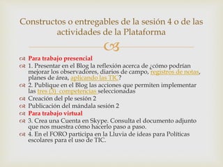 Constructos o entregables de la sesión 4 o de las 
actividades de la Plataforma 
 
 Para trabajo presencial 
 1. Presentar en el Blog la reflexión acerca de ¿cómo podrían 
mejorar los observadores, diarios de campo, registros de notas, 
planes de área, aplicando las TIC? 
 2. Publique en el Blog las acciones que permiten implementar 
las tres (3) competencias seleccionadas 
 Creación del ple sesión 2 
 Publicación del mándala sesión 2 
 Para trabajo virtual 
 3. Crea una Cuenta en Skype. Consulta el documento adjunto 
que nos muestra cómo hacerlo paso a paso. 
 4. En el FORO participa en la Lluvia de ideas para Políticas 
escolares para el uso de TIC. 
 