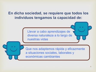 Llevar a cabo aprendizajes de 
diversa naturaleza a lo largo de 
nuestras vidas 
Que nos adaptemos rápida y eficazmente 
a situaciones sociales, laborales y 
económicas cambiantes 
8 
 