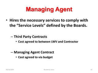 Managing AgentHires the necessary services to comply with the “Service Levels” defined by the Boards.Third Party ContractsCost agreed to between LWV and ContractorManaging Agent ContractCost agreed to via budget08/20/2009Residents Voice10