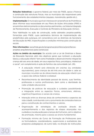30 Municípios fortes, Brasil Sustentável
Relações federativas: o governo federal, por meio do FNDE, apoia e financia
a construção das estruturas físicas, mas os municípios são responsáveis pelo
funcionamento dos estabelecimentos (equipes, manutenção, gestão etc.).
Implementação: O município que tiver interesse em se beneficiar do ProInfância
deve informar essa necessidade em seu Plano de Ações Articuladas (PAR) e
encaminhar eletronicamente os documentos pertinentes, via Sistema Integrado
de Monitoramento, Execução e Controle do Ministério da Educação (Simec).
Para habilitação na ação de construção, serão adotados projetos-padrão,
fornecidos pelo FNDE, cujos parâmetros técnicos de implementação são
predefinidos pela autarquia, em consonância com as diretrizes da Secretaria
de Educação do MEC. Especificações e condições mínimas para construção da
escola.
Mais informações: www.fnde.gov.br/programas/proinfancia/proinfancia-
projetos-arquitetonicos-para-construcao
Ações no âmbito do município: De acordo com a Lei de Diretrizes e Bases
da Educação Nacional, além dos objetivos gerais que norteiam a educação
básica, a educação infantil “tem como finalidade o desenvolvimento integral da
criança até seis anos de idade, em seus aspectos físico, psicológico, intelectual
e social”, em complemento à ação da família e da comunidade (art. 29).
A educação infantil será oferecida em creches (ou entidades
equivalentes), para crianças de até três anos de idade e, cabe ao
município incumbir-se do oferecimento da educação infantil com
o apoio das esferas federal e estadual.
Reconhecimento da identidade pessoal de alunos, suas famílias,
professores e outros profissionais, bem como a identidade de
cada unidade educacional.
Promoção de práticas de educação e cuidados possibilitando
a integração entre os aspectos físicos, emocionais, afetivos,
cognitivo/linguísticos e sociais da criança.
Interação entre as diversas áreas de conhecimento e aspectos da
vida cidadã, contribuindo com o provimento de conteúdos básicos
para a constituição de conhecimentos e valores.
Organização de estratégias de avaliação através do
acompanhamento e dos registros de etapas alcançadas nos
cuidados e na educação para crianças de 0 a 6 anos, sem o objetivo
de promoção, mesmo para o acesso ao ensino fundamental.
Formação mínima de Curso de Formação de Professores para
os formuladores, coordenadores, supervisores e avaliadores das
propostas pedagógicas; de outro lado, na direção de instituições
 
