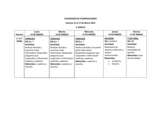 CALENDARIO DE PLANIFICACIONES
Semana 13 al 17 de Marzo 2023
2° BÁSICO
Horario
Lunes
13 DE MARZO
Martes
14 DE MARZO
Miércoles
15 DE MARZO
Jueves
16 DE MARZO
Viernes
17 DE MARZO
1° y 2°
HORA
LENGUAJE
OA:3 y 7
Actividad:
Realizan dictado y
escuchan texto
informativo. Responden
preguntas que
responden a información
implícita y explícita.
Materiales: cuaderno y
estuche.
LENGUAJE
OA:3 y 7
Actividad:
Realizan dictado y
escuchan texto
informativo. Responden
preguntas que
responden a información
implícita y explícita.
Materiales: cuaderno y
estuche.
LENGUAJE
OA:3 y 7
Actividad:
Realizan dictado y escuchan
texto informativo.
Responden preguntas que
responden a información
implícita y explícita.
Materiales: cuaderno y
estuche.
RELIGIÓN
OA: Unidad 0
Actividad:
Realización de
dinámica referente a
valores
institucionales.
Materiales:
 Cuaderno.
 Estuche.
T.EXP.ORAL
OA: 13
Actividad:
Realizan
actividades de
apresto.
Materiales: Guía
de actividades.
 