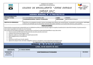 REPÚBLICA DEL ECUADOR
MINISTERIO DE EDUCACIÓN
COLEGIO DE BACHILLERATO “JORGE ENRIQUE
CHÁVEZ CELI”
Jumón – Santa Rosa – El Oro – Ecuador
PERIODO LECTIVO
2021 – 2022
AGENDA SEMANAL Nº 10 PROYECTO 03
DATOS INFORMATIVOS:
DOCENTE-TUTORA: LIC. SILVIA MARIELA LAINESRAMOS,MGS. CURSO: PRIMERO
TEMA: CIUDADANÍAMUNDIAL: CIENCIAY TECNOLOGÍA ESPECIALIDAD BACHILLERATOTÉCNICO
OBJETIVO DE APRENDIZAJE: Identificar a la ciudadanía mundial, ciencia y tecnología como factores de transformación, inculcandolo conocimientos, habilidades,
valores y las actitudes que los educandos necesitan para poder contribuir a un mundo más inclusivo, justo y pacífico.
INDICACIONES
Desarrollarásunproyectopara comprenderque laciudadaníamundial ylacultura de paz exigenel respetoylaprácticade losderechoshumanos,lajusticiasocial,la
diversidad, laigualdadentre todoslossereshumanos.
Para realizarlas actividadesplanteadas,recuerdautilizaryreutilizarlosmaterialesdisponiblesencasa,talescomo:
 Textosescolaresdel Ministeriode Educaciónde este añoy de años anteriores
 Cualquierdiccionarioque tengasencasa
 Hojasde cuadernoo reutilizablesconespacioparaescribir
 Goma (pegamento) ocintaadhesiva
 Espejo
 Cartulinasocartón que sirvade soporte
 Lápicesde cualquiercolor,borrador,bolígrafos,pinturas,marcadoresuotrosmaterialesque tengasencasa
¡Tu imaginación es muy importante para este proyecto!
SEMANA DEL 30 AL 03 DE AGOSTO
LUNES, 30 DE AGOSTO DE 2021
DOCENTE: LIC. MAGALI MEDINA
ASIGNATURA:
SISTEMAS
OPERATIVOS
CONTENIDOS/ACTIVIDADES RECURSOS
 