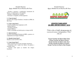 Sociedade Feminina                                     Sociedade Feminina
    Igreja Metodista Livre do Brasil em Rio Casca          Igreja Metodista Livre do Brasil em Rio Casca

- Facilitar o pastoreio, a mobilização, treinamento de
líderes, a evangelização e o discipulado;
- Facilitar o surgimento de vocações;
- Proclamar o evangelho aos Riocasquenses;

1 – O que já temos?
Já temos cinco Grupos Familiares, formados na IMEL de
Rio Casca.

2 – O que vamos fazer?                                          GRUPOS FAMILIARES
- Visitar as famílias que freqüentam os GF;                 DA IMEL EM RIO CASCA - 2010
- Realizar Retiros;;
- Assistência material;
- Estudos Bíblicos;
- Todos os domingos um lanche para as crianças da ED      “E todos os dias, no templo e de casa em casa, não
                                                          cessavam de ensinar e de pregar Jesus, o Cristo.”
3 – Quem irá fazer?
As sócias da Sociedade Feminina da IMEL, a pastora e os                         Atos 5:42
componentes dos Grupos Familiares

4 – Quando iremos fazer?                                     Grupo Familiar do Bairro Bela Vista
Durante os anos de 2010 e 2011.
                                                              Grupo Familiar do Bairro Centro
5 – Como iremos fazer?                                       Grupo Familiar do Bairro Céu Azul
- Serão nomeadas pessoas para atividades específicas;        Grupo Familiar do Bairro Cruzeiro
- Contaremos com o apoio dos líderes, da pastora e          Grupo Familiar do Bairro Das Graças
assistente social;
- Teremos como apoio as reuniões dos Grupos
Familiares..




6                                                                                                              15
 