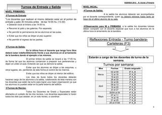AGENDA 2012_ N. Inicial y Primaria

                Turnos de Entrada y Salida                                        NIVEL INCIAL:

NIVEL PRIMARIO:                                                                   Turnos de Salida:
                                                                                                        A la salida los alumnos deberán ser acompañados
Turnos de Entrada
                                                                                  por el docente correspondiente, quien no deberá retirarse hasta tanto se
*Los docentes que realicen el mismo deberán estar en el porton de                 haya ido el último alumno de su sala.
entrada y patio 30 minutos antes de las 14:00 hs. (13:30)
  Deberán tocar el timbre a las 14:00 hs.
                                                                                  Observación para NI y PRIMARIA: a la salida los docentes tutores
  Recorrer el patio y las galerías. Por separado.                                deben compartir con el docente especial que tuvo a los alumnos en la
  No permitir la permanencia de los alumnos en las aulas.                        última hora el arriamiento de la bandera.

  Evitar que los niños se dirijan al piso superior.
  No permitir el ingreso de los padres.                                                Reflexiones Entrada - Turno bandera-
                                                                                                   Carteleras (F3)
Turnos de Salida:
                    En la última hora el docente que tenga hora libre
deberá estar indefectiblemente frente a sus alumnos en el arriamiento
de la bandera dando el ejemplo a los mismos.
                                                                                       Estarán a cargo de los docentes de turno de la
                      El primer timbre de salida se tocará a las 17:45 hs.
de forma tal que los alumnos comiencen a preparar sus pertenencias y                                      semana.
dejen en orden el aula. Evitando así que se demore la salida.
                                                                                                          Turnos por semana:
                       Evitar que los alumnos se dirijan a las esquinas, u                        Mes         Fechas       Grado asignado
otros lugares, etc. perdiendo de esta forma el control de los mismos.
                                                                                                              02 al 09          6º A_B
                      Evitar que los niños se dirijan al interior del edificio.                   Marzo       12 al 16          5º A_B
                     Los días de lluvia todos los docentes deberán                                            19 al 23          4º A_B
hacerse cargo de los alumnos a la salida, colaborando de ésta manera con                                      26 al 30          3º A_B
los docentes que estén de turno para lograr una mejor organización ya que                                     02 al 06          2º A_B
los alumnos no pueden estar en la parte externa del edificio                                                  09 al 13          1º A_B
                                                                                                  Abril
Turnos de Recreo:                                                                                            16 al 20          6º A_B
                                                                                                              23 al 27          5º A_B
                      Todos los Docentes de Grado y Especiales están                                         30/04 al 04        4º A_B
afectados al cuidado de los dos recreos. Los docentes especiales lo harán                                     07 al 11          3º A_B
todos los días que asistan, en un solo recreo, a coordinar.                                       Mayo
                                                                                                              14 al 18          2º A_B
                                                                                                              21 al 25          1º A_B
                                                                                                             28 al 01/06        6º A_B
                                                                                                                                                           4
 