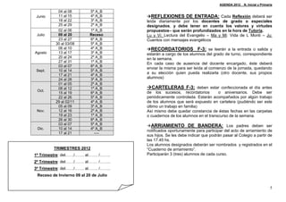 AGENDA 2012_ N. Inicial y Primaria

           04 al 08         5º A_B
Junio      11 al 15         4º A_B      REFLEXIONES DE ENTRADA: Cada Reflexión deberá ser
           18 al 22         3º A_B      leída diariamente por los docentes de grado o especiales
           25 al 29         2º A_B      designados, y debe tener en cuenta los valores y virtudes
           02 al 06         1º A_B      propuestos– que serán profundizados en la hora de Tutoría.
 Julio     09 al 20         Receso      Lu y Vi: Lectura del Evangelio – Ma y Mi: Vida de L Monti – Ju:
           23 al 27         6º A_B      Cuentos con mensajes evangélicos
          30 al 03/08       5º A_B
           06 al 10         4º A_B      RECORDATORIOS F-3: se leerán a la entrada o salida y
Agosto     13 al 17         3º A_B      estarán a cargo de los alumnos del grado de turno, correspondiente
           20 al 24         2º A_B      en la semana.
           27 al 31         1º A_B
                                        En cada caso de ausencia del docente encargado, éste deberá
           03 al 07         6º A_B
                                        enviar la misma para ser leída al comienzo de la jornada, quedando
 Sept.     10 al 14         5º A_B
                                        a su elección quien pueda realizarla (otro docente, sus propios
           17 al 21         4º A_B
           24 al 28         3º A_B      alumnos)
           01 al 05         2º A_B
           08 al 12         1º A_B      CARTELERAS F-3: deben estar confeccionada el día antes
 Oct.                                   de los sucesos, recordatorios         o aniversarios. Debe ser
           15 al 19         6º A_B
           22 al 26         5º A_B      periódicamente controlada. Estarán acompañados por algún trabajo
          29 al 02/11       4º A_B      de los alumnos que será expuesto en cartelera (pudiéndo ser este
           05 al 09         3º A_B      último un trabajo en familia)
 Nov.      12 al 16         2º A_B      Así mismo debe quedar constancia de éstas fechas en las carpetas
           19 al 23         1º A_B      o cuadernos de los alumnos en el transcurso de la semana.
           26 al 30         6º A_B
           03 al 07         5º A_B      ARRIAMIENTO DE BANDERA: Los padres deben ser
 Dic.      10 al 14         4º A_B
                                        notificados oportunamente para participar del acto de arriamiento de
           17 al 21           ----
                                        sus hijos. Se les debe indicar que podrán pasar al Colegio a partir de
                                        las 17.45 hs.
                                        Los alumnos designados deberán ser nombrados y registrados en el
         TRIMESTRES 2012                “Cuaderno de arriamiento”.
1º Trimestre: del……/……. al……. /……..     Participarán 3 (tres) alumnos de cada curso.
2º Trimestre: del……/……. al……. /……..
3º Trimestre: del……/……. al……. /……..
 Receso de Invierno 09 al 20 de Julio


                                                                                                                5
 