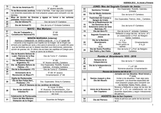 AGENDA 2012_ N. Inicial y Primaria

14                                                              1º AB                                    JUNIO- Mes del Sagrado Corazón de Jesús-
                Día de las Américas-F2
/13                                                      N° alusivo sencillo                   03                                    Doc Especiales: Rodolfo, Gabriela.-
               Té de Bienvenida Jardines. Invitar a familias, Traer algo para compartir,                Santísima Trinidad
                                                                                               /04                                                Entrada
20             Los docentes especiales del nivel preparan juegos para compartir con las              Día del Medio Ambiente-
               familias.                                                                       05                                         Doc de turno 5°-Cartelera
                                                                                                                 F3
               Misa de Acción de Gracias y ágape en honor a las señoras                               Festividad del Cuerpo y
20                                                                                             07                                 Doc Especiales: Patricio, Aldo._ Cartelera
               jubiladas. Responsables:                                                                  Sangre de Cristo
23                  Día del Idioma F3                 Doc de turno 5°-Cartelera                      Día de la Reafirmación de
29                                                                                             10       los Derechos de la
                   Día del Animal F3               Doc de turno 4°-Entrada-Cartelera                                                      Doc de turno 5°-Cartelera
/27                                                                                            /08   Soberanía sobre las Islas
                                   MAYO – Mes Mariano-                                                      Malvinas.-F3
 01                                                                                            15         Día del libro-F3          Doc de turno 4° entrada– Cartelera
                 Día del Trabajador y                             5º AB
/27-                                                                                                                               Reflexión a cargo del doc. de turno (4°)
               Constitución Nacional-F2                           Salida                               Sagrado Corazón de
 04                                                                                            15                                   en colaboración c/ Prof. de Religión-
                                                                                                             Jesús
                                   MISIÓN MARIANA (interna)                                                                                   Salida- Cartelera
                                                                                                        Día de la Bandera
 Todo el mes




                   Apertura y Celebración el 04/05 a cargo de 1 º y 2 º grado AB                                                       4º A_B
                  Llevando a los hogares una Capilla con la imagen de la Virgen (se            20          Bicentenario               Ed. Física         Ornamentación:
               armará una capillita por aula y otra para el personal) y un cuadernito para     /19              F1                 Prever gastos de          3º A_B
                que las familias que así lo deseen escriban sus intenciones, peticiones,                       16.00                   agasajo
               acción de gracias, etc. El último día se traen las capillitas al Colegio para          Día del Sumo Pontífice         Doc de turno 2° y Prof. de Religión-
                                                                                               29
                                      hacer el cierre de la Misión.                                   San Pedro y San Pablo                      Cartelera
               Día de Nuestra Señora de                                                                                   JULIO
08              Luján: Patrona de la Rep               Doc de Turno 3° –Cartelera                             Rumbo al Bicentenario 1816 - 2016
                     Argentina – F3                                                            02
                 Día del Himno Nacional                            4º AB                                   Semana de la
11                                                                                             al                                        Doc de turno 1°- Cartelera
                      Argentino- F2                   N° Alusivo sencillo_Cartelera                       Independencia
                                                                                               05
13             Día de Nuestra Señora de             Doc Especiales: Rodolfo, Susana,                 Día de la Independencia-
/14                    Fátima – F3                    Gabriela. –Entrada_Cartelera             09                                               1° y 6° AB
                                                                                               /06               F1                  Números alusivos- Ornamentación
18             Día de la Escarapela – F3               Doc de Turno 2° –Cartelera
25                                                                                                                  Receso de Invierno del 09 al 20
                   Aniversario de la                       5º AB -N° alusivo
/24                                                                                                                             Jornada con los Abuelos- Nivel Inicial y
                Revolución de Mayo-F1                    Ornamentación: 2º AB
                                                                                                                                                   1º ciclo
               Vigilia de Pentecostés.                                                                Santos Joaquín y Ana         Invitar a los abuelitos. Traer algo para
                                                                                               26
                Día de San Felipe Neri_                                                                   Día del Abuelo          compartir, Los docentes especiales del
28                                             Doc Especiales: Silvia A–Cartelera
                     Protector – F3                                                                                              nivel preparan juegos para compartir con
                         28 al 31 Semana de los Jardines de Infantes                                                                 las familias: Nadia, Pedro, Jesús.
                                                        N. Inicial 15.30hs                                                      Novena y Reflexión a cargo de los doc de
                 Día de los Jardines de         N° Alusivos- Ornamentación_ Con                       Inicio de la Novena de    turno (5° y 4°), en colaboración con los
28                                                                                             30
                       Infantes-F2           colaboración de los docentes especiales                       San Cayetano         docentes especiales y según indicaciones
                                                             del nivel.                                                         del párroco.
               Celebración de Pentecostés                                                                          AGOSTO- Mes de San Cayetano
                Cierre del Mes Mariano                                                         04                               Visita al párroco por parte de los alumnos
31                                                    Docentes de Religión                                Día del Párroco
                Visitación de la Virgen                                                        /03                              de 6°.

                                                                                                                                                                               7
 