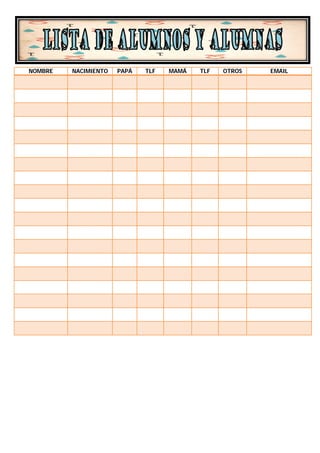 NOMBRE   NACIMIENTO   PAPÁ   TLF   MAMÁ   TLF   OTROS   EMAIL
 