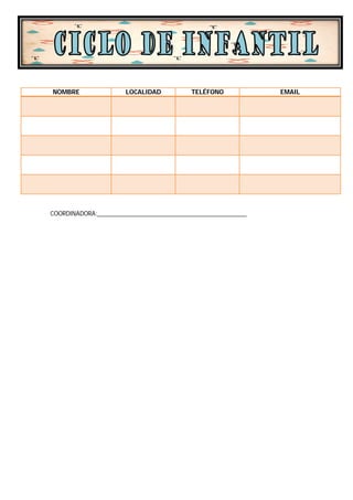 NOMBRE                LOCALIDAD           TELÉFONO            EMAIL




COORDINADORA:______________________________________________
 