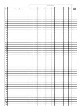 PROMEDIO BIMESTRAL
No. Nombre del Alumno BloqueI Nivel BloqueII Nivel BloqueIII Nivel BloqueIV Nivel BloqueV Nivel
Promedio
General
1
2
3
4
5
6
7
8
9
10
11
12
13
14
15
16
17
18
19
20
21
22
23
24
25
26
27
28
29
30
31
32
33
34
35
36
37
38
39
40
41
42
43
44
45
 