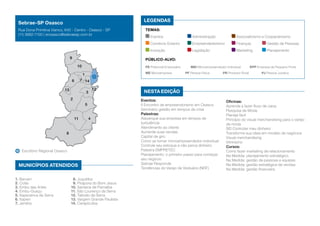 1
2
3
4
5
6
8
9
10
12
14
13
11
7
Escritório Regional Osasco
MUNICÍPIOS ATENDIDOS
1. Barueri
2. Cotia
3. Embu das Artes
4. Embu-Guaçu
5. Itapecerica da Serra
6. Itapevi
7. Jandira
8. Juquitiba
9. Pirapora do Bom Jesus
10. Santana de Parnaíba
11. São Lourenço da Serra
12. Taboão da Serra
13. Vargem Grande Paulista
14. Carapicuíba
Nesta edição
LEGENDAS
TEMAS:
Eventos	 Administração	 Associativismo e Cooperativismo
Comércio Exterior	 Empreendedorismo	 Finanças	 Gestão de Pessoas
Inovação	 Legislação	 Marketing	 Planejamento
Público-alvo:
PE Potencial Empresário	 MEI Microempreendedor Individual	 EPP Empresa de Pequeno Porte
ME Microempresa	 PF Pessoa Física	 PR Produtor Rural	 PJ Pessoa Jurídica
Eventos:
II Encontro de empreendorismo em Osasco
Seminário gestão em tempos de crise
Palestras:
Alavanque sua empresa em tempos de
turbulência
Atendimento ao cliente
Aumente suas vendas
Capital de giro
Como se tornar microempreendedor individual
Controle seu estoque e não perca dinheiro
Palestra EMPRETEC
Planejamento: o primeiro passo para começar
seu negócio
Sebrae Responde
Tendências do Varejo de Vestuário (NRF)
Oficinas:
Aprenda a fazer fluxo de caixa
Pesquisa de Moda
Planeja fácil
Princípio do visual merchandising para o varejo
de moda
SEI Controlar meu dinheiro
Transforme sua ideia em modelo de negócios
Visual merchandising
Vitrinismo
Cursos:
Como fazer marketing de relacionamento
Na Medida: planejamento estratégico
Na Medida: gestão de pessoas e equipes
Na Medida: gestão estratégica de vendas
Na Medida: gestão financeira
Sebrae-SP Osasco
Rua Dona Primitiva Vianco, 640 - Centro - Osasco - SP
(11) 3682-7100 | erosasco@sebraesp.com.br
 