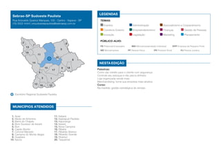 Escritório Regional Sudoeste Paulista
MUNICÍPIOS ATENDIDOS
1. Apiaí
2. Barão de Antonina
3. Barra do Chapéu
4. Bom Sucesso de Itararé
5. Buri
6. Capão Bonito
7. Coronel Macedo
8. Campina do Monte Alegre
9. Guapiara
10. Itaoca
1
2
3
4
5
8
9
10
11
12
13
14
15
16
17
18
19
20
6
7
11. Itaberá
12. Itapirapuã Paulista
13. Itaporanga
14. Itararé
15. Nova Campina
16. Ribeira
17. Ribeirão Branco
18. Ribeirão Grande
19. Riversul
20. Taquarivaí
Nesta edição
LEGENDAS
TEMAS:
Eventos	 Administração	 Associativismo e Cooperativismo
Comércio Exterior	 Empreendedorismo	 Finanças	 Gestão de Pessoas
Inovação	 Legislação	 Marketing	 Planejamento
Público-alvo:
PE Potencial Empresário	 MEI Microempreendedor Individual	 EPP Empresa de Pequeno Porte
ME Microempresa	 PF Pessoa Física	 PR Produtor Rural	 PJ Pessoa Jurídica
Palestras:
Como dar crédito para o cliente com segurança
Controle seu estoque e não perca dinheiro
Loja organizada vende mais
Merchandising: torne sua empresa mais atrativa
Curso:
Na medida: gestão estratégica de vendas
Sebrae-SP Sudoeste Paulista
Rua Ariovaldo Queiroz Marques, 100 - Centro - Itapeva - SP
(15) 3522-4444 | ersudoestepaulista@sebraesp.com.br
 