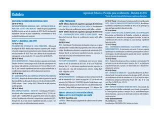 Agenda de Tributos - Previsão para recolhimento - Outubro de 2015
*Fonte: Receita Federal/Informações sujeitas a alteraçõesOutubro
MICROEMPREENDEDOR INDIVIDUAL (MEI)
20/10 (3ª feira)
MICROEMPREENDEDOR INDIVIDUAL (MEI) - SISTEMA DE RECOLHI-
MENTO EM VALORES FIXOS MENSAIS -Últimodiaparaopagamento
do DAS, referente ao mês de setembro de 2015. Dia 20, não havendo
expediente bancário no prazo estabelecido, o recolhimento se dará
nodiaútilimediatamenteposterior.
SIMPLES NACIONAL (ME/EPP)
15/10 (5ª feira)
PAgAMENTO DA DIFERENçA DE CARgA TRIbUTáRIA - Diferencial
de alíquota de ICMS devido pelas empresas optantes pelo Simples
referente às aquisições de produtos de outros Estados realizadas no
mês de setembro de 2015. Prazo: até o último dia do segundo mês
subsequenteaodaentrada(Art.115,incisoXV-AdoRICMS/SP).
20/10 (3ª feira)
RECOLHIMENTO DO DAS-Tributosdevidoseapuradosnaformado
Simples Nacional a serem pagos no dia 20 do mês subsequente em
que houver sido auferida a receita bruta (LC 123, de 2006, Art. 21).
Dia 20, não havendo expediente bancário no prazo estabelecido, o
recolhimento se dará no dia útil imediatamente posterior.
30/10 (6ª feira)
IR - gANHO DE CAPITAL DAS EMPRESAS OPTANTES PELO SIMPLES
NACIONAL-ImpostodeRendaincidentesobreosganhosdecapital
(lucros)obtidosnaalienaçãodeativosnomêsdesetembrode2015.
(DARF comum - 2 vias - código 0507). Último dia do mês seguinte
ao fato gerador.
20/10 (3ª feira)
INSS (SIMPLES NACIONAL - ANEXO IV) - Contribuição Previdenci-
ária devida pelas empresas sujeitas ao Anexo IV da LC 123/06, cal-
culada sobre o total da folha de pagamento, bem como dos valores
retidos. Recolhimento referente à competência setembro de 2015.
Atenção: Dia 20, se não houver expediente bancário, o prazo a ser
observado será o dia útil imediatamente anterior.
LUCRO PRESUMIDO
30/10-(Últimodiadomêsseguinteàapuraçãodotrimestre)
IRPJ - IMPOSTO DE RENDA DA PESSOA JURíDICA - Recolhimento
trimestral. Meses de recolhimento: janeiro, abril, julho e outubro.
30/10-(Últimodiadomêsseguinteàapuraçãodotrimestre)
CSLL - CONTRIbUIçãO SOCIAL SObRE O LUCRO LíqUIDO Reco-
lhimento trimestral. Meses de recolhimento: janeiro, abril, julho
e outubro.
20/10 (3ª feira)
INSS - Contribuição Previdenciária devida pelas empresas em geral
calculadasobreototaldafolhadepagamento,bemcomodosvalores
retidos.Recolhimentoreferenteàcompetênciadesetembrode2015.
Atenção: Dia 20, se não houver expediente bancário, o prazo a ser
observado será o dia útil imediatamente anterior.
23/10 (6ª feira)
PIS/PASEP FATURAMENTO - Contribuição com base no fatura-
mento do mês de setembro de 2015 (Art. 10 da Lei nº 10.637/02).
Atenção: Dia 25, se não houver expediente bancário, o prazo a ser
observado será o dia útil imediatamente anterior. Código Darf:
8109 - Alíquota: 0,65%.
23/10 (6ª feira)
COFINS FATURAMENTO - Contribuiçãocombasenofaturamentodo
mês de setembro de 2015. Deverá ser paga até o 25° dia do mês sub-
sequente (Art. 10 da Lei nº 10.637/02). Atenção: Se não houver expe-
dientebancário,oprazoaserobservadoseráodiaútilimediatamen-
teanterior.CódigoDARFdasempresasemgeral:2172-Alíquota:3%.
DEMAIS OBRIGAÇÕES PREVIDÊNCIÁRIAS,
TRABALHISTAS E RETENÇÕES NA FONTE
06/10 (5º dia útil do mês)
SALáRIOS -Últimodiaparaopagamentodosaláriodomêsdesetem-
brode2015.
07/10 (4ª feira)- Atenção para feriado possivelmente prolongado
FgTS-FUNDODEgARANTIAPORTEMPODESERVIçO-Recolhimen-
to relativo à competência de setembro de 2015. Dia 07, antecipa-se,
casonãohajaexpedientebancárionodia.
07/10 (4ª feira)
CAgED - CADASTRO gERAL DE EMPREgADOS E DESEMPREgADOS
Encaminhar, ao Ministério do Trabalho, a relação de admissões,
transferências e demissões de empregados ocorridas no mês de
setembro de 2015. Dia 07, antecipa-se, caso não haja expediente
bancário no dia.
15/10 (5ª feira)
INSS - CONTRIbUINTES INDIVIDUAIS, FACULTATIVOS E EMPREgA-
DORES DOMéSTICOS-Ovencimentoseránodia15domêsseguinte
àqueleaqueascontribuiçõessereferirem,prorrogando-seovenci-
mento para o dia útil subsequente quando não houver expediente
bancário na data do vencimento.
15/10 (5ª feira)
INSS - Produtor Rural (pessoa física e jurídica) e retenção de 11%
na fonte (cessão de mão de obra). Atenção: Dia 15, se não houver
expediente bancário, o prazo a ser observado será o dia útil ime-
diatamente anterior.
09/10 (6ª feira)
gPS - ENTREgA AO SINDICATO - guia de Recolhimento da Previ-
dênciaSocial.EntregadecontrarrecibodacópiadagPS,referente
ao recolhimento do mês de setembro de 2015, ao Sindicato repre-
sentativo da categoria profissional. Prazo: Até o dia 10 de cada
mês (Dec. 3.058/99, Art. 225, V).
20/10 (3ª feira)
IRRF - IMPOSTO DE RENDA RETIDO NA FONTE - Descontado dos
pagamentos do trabalho assalariado, sem vínculo empregatício,
e a outras pessoas jurídicas. Atenção: Dia 20, se não houver expe-
diente bancário, o prazo a ser observado será o dia útil imediata-
mente anterior.
Data: Quinzenalmente
PIS/COFINS/CSLL - FONTE
Contribuições PIS/COFINS/CSLL Retidas na Fonte.
 