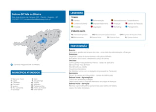 1. Barra do Turvo
2. Cajati
3. Cananéia
4. Eldorado
5. Iguape
6. Ilha Comprida
7. Iporanga
3
5
6
4
8
9
10
12
11
13
14
7
2
1
Escritório Regional Vale do Ribeira
MUNICÍPIOS ATENDIDOS
8. Itariri
9. Jacupiranga
10. Juquiá
11. Miracatu
12. Pariquera-Açu
13. Pedro de Toledo
14. Sete Barras
Nesta edição
LEGENDAS
TEMAS:
Eventos	 Administração	 Associativismo e Cooperativismo
Comércio Exterior	 Empreendedorismo	 Finanças	 Gestão de Pessoas
Inovação	 Legislação	 Marketing	 Planejamento
Público-alvo:
PE Potencial Empresário	 MEI Microempreendedor Individual	 EPP Empresa de Pequeno Porte
ME Microempresa	 PF Pessoa Física	 PR Produtor Rural	 PJ Pessoa Jurídica
Sebrae-SP Vale do Ribeira
Rua José Antonio de Campos, 297 - Centro - Registro - SP
(13) 3821-7111 | ervaledoribeira@sebraesp.com.br
Evento:
Seminário: gestão em tempos de crise - uma visão de administração e finanças
Palestras:
Organize o caixa da sua empresa e não perca dinheiro
Por dentro dos custos, despesas e preço de venda
Oficinas:
Como ganhar mais perdendo menos - varejo de vestuário
SEI Controlar meu dinheiro
Atendimento ao cliente
Visual merchandising
Na Medida: como criar uma página empresarial no Facebook
Seminário:
Fórum do campo ao consumidor - canais de distribuição
Sebrae Inova - Agronegócio:
Cultivo em ambiente protegido
Olericultura básica: controle alternativo de pragas e doenças
Sebrae Inova - Serviços:
Normas e procedimentos operacionais para salões de beleza
Layout de salão de beleza
 