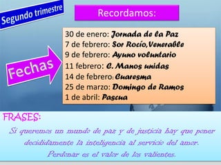 Recordamos:
30 de enero: Jornada de la Paz
7 de febrero: Sor Rocío,Venerable
9 de febrero: Ayuno voluntario
11 febrero: C. Manos unidas
14 de febrero: Cuaresma
25 de marzo: Domingo de Ramos
1 de abril: Pascua
FRASES:
 