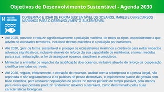 Objetivos de Desenvolvimento Sustentável - Agenda 2030
➔
Até 2025, prevenir e reduzir significativamente a poluição marítima de todos os tipos, especialmente a que
advém de atividades terrestres, incluindo detritos marinhos e a poluição por nutrientes.
➔
Até 2020, gerir de forma sustentável e proteger os ecossistemas marinhos e costeiros para evitar impactos
adversos significativos, inclusive através do reforço da sua capacidade de resiliência, e tomar medidas
para a sua restauração, a fim de assegurar oceanos saudáveis e produtivos.
➔
Minimizar e enfrentar os impactos da acidificação dos oceanos, inclusive através do reforço da cooperação
científica em todos os níveis.
➔
Até 2020, regular, efetivamente, a extração de recursos, acabar com a sobrepesca e a pesca ilegal, não
reportada e não regulamentada e as práticas de pesca destrutivas, e implementar planos de gestão com
base científica, para restaurar populações de peixes no menor período de tempo possível, pelo menos
para níveis que possam produzir rendimento máximo sustentável, como determinado pelas suas
características biológicas.
CONSERVAR E USAR DE FORMA SUSTENTÁVEL OS OCEANOS, MARES E OS RECURSOS
MARINHOS PARA O DESENVOLVIMENTO SUSTENTÁVEL
 