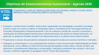 Objetivos de Desenvolvimento Sustentável - Agenda 2030
➔
Aumentar o conhecimento científico, desenvolver capacidades de investigação e transferir tecnologia
marinha, tendo em conta os critérios e orientações sobre a Transferência de Tecnologia Marinha da
Comissão Oceanográfica Intergovernamental, a fim de melhorar a saúde dos oceanos e aumentar a
contribuição da biodiversidade marinha para o desenvolvimento dos países em desenvolvimento, em
particular os pequenos Estados insulares em desenvolvimento e os países menos desenvolvidos.
➔
Proporcionar o acesso dos pescadores artesanais de pequena escala aos recursos marinhos e mercados.
➔
Assegurar a conservação e o uso sustentável dos oceanos e seus recursos pela implementação do direito
internacional, como refletido na UNCLOS [Convenção das Nações Unidas sobre o Direito do Mar], que
determina o enquadramento legal para a conservação e utilização sustentável dos oceanos e dos seus
recursos, conforme registrado no parágrafo 158 do “Futuro Que Queremos”.
CONSERVAR E USAR DE FORMA SUSTENTÁVEL OS OCEANOS, MARES E OS RECURSOS
MARINHOS PARA O DESENVOLVIMENTO SUSTENTÁVEL
 