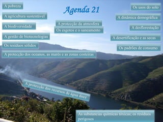 A pobrezaOs usos do soloAgenda 21A agricultura sustentávelA dinâmica demográficaA protecção da atmosferaA biodiversidadeA desflorestaçãoOs esgotos e o saneamentoA gestão de biotecnologiasA desertificação e as secasOs resíduos sólidosOs padrões de consumoA protecção dos oceanos, as marés e as zonas costeirasA protecção dos recursos de água doceAs substancias químicas tóxicas; os resíduos perigosos