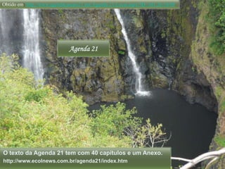 Obtido em: http://www.agendacascais21.net/Agenda-21-Local.aspx?ID=341;26/10/09Agenda 21O texto da Agenda 21 tem com 40 capítulos e um Anexo. http://www.ecolnews.com.br/agenda21/index.htm