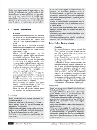 Criar uma associação de exploradores de                Criar uma associação de exploradores de
 jazidas de pedras para a transformação do cal          jazidas de mármore possibilitando a
 possibilitando a sustentabilidade e a geração          sustentabilidade e a geração de emprego,
 de emprego, garantindo a renda dos                     garantindo a renda dos associados. Entretanto,
 associados. Entretanto, os mesmos deverão              os mesmos deverão garantir a preservação do
 garantir a preservação do meio ambiente                meio ambiente.
 usando apenas lenha seca para a queimada.              Apoiar a comunidade a se organizar para a
                                                        produção artesanal a fim de ser comercializado
                                                        e gerar renda.
                                                        As pessoas que desenvolverem esse trabalho
1.1.3. Pedras Ornamentais                               deverão sempre participar dos cursos para se
                                                        especializarem.
       Cenários                                         Conseguir recursos para explorar jazidas e fazer
       Existem mármore nas jazidas das pedreiras        comercialização.
       de Patamuté, do Serrote da Macambira, da         Conseguir equipamentos, pois há vontade de
       Serra da Borracha ou do Ouricuri e da            explorar mais não há condições.
       Serra da Gruta, próxima da Venerada Santa
       Cruz.                                           1.1.4. Pedras Semi-preciosas
       Mais uma vez é o mármore o mineral
       predominantemente explorado como pedra                  Cenários
       ornamental, existindo nas cores branca,                 Tem jazidas de quartzo rosa, na fazenda Boa
       rosa, bege e cinza.                                     Vista e outras, e um tipo de pedra preta,
       Outro mineral explorado com fins                        que não se soube informar o nome, na
       ornamentais é a pedra sabão, que existe em              Serrote da Macambira.
       uma jazida na fazenda Curral Novo.                      Foram descobertos recentemente, estando
       Em todas as jazidas em que são exploradas               ainda sem exploração uma de calcita e outra
       o mármore e a pedra sabão, para                         de quartzo rosa.
       ornamentação, desde o início da exploração              A situação de deixar tudo escavacado, sem
       até os dias atuais, fica tudo escavacado, sem           qualquer proteção, ou seja, no aberto e de
       qualquer proteção, ou seja, no aberto e não             não se fazer o replantio da vegetação para
                                                               recompor a paisagem original, se repete
       é feita o replantio da vegetação para
                                                               também no casso da exploração de pedras
       recompor a paisagem original.                           semi-preciosas, porém em dimensões
       Como nos outros casos de retirada das                   menores e as pessoas trabalham sem
       pedras, as pessoas trabalham sem qualquer               qualquer proteção individual e não são
       proteção individual e não são tomadas as                tomadas as medidas necessárias para evitar
       medidas necessárias para evitar ou reduzir              ou reduzir riscos de Acidentes de Trabalho.
       riscos de Acidentes de Trabalho.                        Todas as escavações feitas foi apenas para
       Há um artesão que trabalha com pedra                    a observação e não para a exploração.
       sabão, comercializando peças nas
       proximidades da gruta de Patamuté.
                                                       Propostas
       Existe um local em que foi extraído salitre      Fazer parcerias com o IBAMA, Ministério do
       no passado, em pequena quantidade.               Trabalho e DNPM.
                                                        Consultar o Ministério da Indústria e Comércio
                                                        para saber sobre as possibilidades de
Propostas                                               exportação de pedras semi-preciosas.
                                                        Viabilizar estratégias para o beneficiamento das
 Fazer parcerias com o IBAMA, Ministério do             pedras semi-preciosas, junto ao SEBRAE e
 Trabalho e DNPM.                                       Ministério da Industria e Comercio (capacitação,
 Consultar o Ministério da Indústria e Comércio         credito e etc).
 para saber sobre as possibilidades de                  Melhorar a tecnologia da exploração das pedras
 exportação de mármore.                                 semi-preciosas.
 Viabilizar estratégias para o beneficiamento das       Criar uma associação de exploradores de
 pedras, junto ao SEBRAE e Ministério da Industria      jazidas de pedras semi-preciosas possibilitando
 e Comercio (capacitação, credito e etc).               a sustentabilidade e a geração de emprego,
 Melhorar a tecnologia da exploração do                 garantindo a renda dos associados. Entretanto,
                                                        os mesmos deverão garantir a preservação do
 mármore .
                                                        meio ambiente.



 100      Patamuté e Mundo Novo                          I. Utilização e Gestão Sustentável dos Recursos Naturais
 