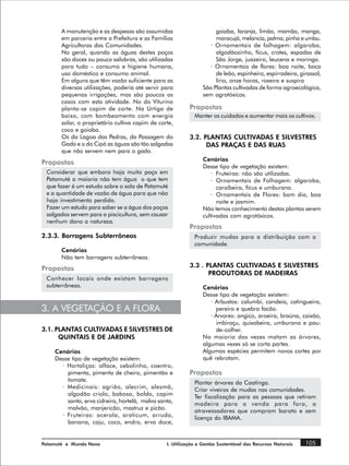 A manutenção e as despesas são assumidas                       goiaba, laranja, limão, mamão, manga,
       em parceria entre a Prefeitura e as Famílias                   maracujá, melancia, palma, pinha e umbu.
       Agricultoras das Comunidades.                               · Ornamentais de folhagem: algaroba,
       No geral, quando as águas destes poços                         algodãozinho, fícus, crotes, espadas de
       são doces ou pouco salobras, são utilizadas                    São Jorge, juazeiro, leucena e moringa.
       para tudo – consumo e higiene humana,                       · Ornamentais de flores: boa noite, boca
       uso doméstico e consumo animal.                                de leão, espinheiro, espirradeira, girassol,
       Em alguns que têm vazão suficiente para as                     lírio, onze horas, roseira e suspiro
       diversas utilizações, poderia até servir para             São Plantas cultivadas de forma agroecológica,
       pequenas irrigações, mas são poucos os                    sem agrotóxicos.
       casos com esta atividade. No do Viturino
       planta-se capim de corte. Na Urtiga de              Propostas
       baixo, com bombeamento com energia                    Manter os cuidados e aumentar mais os cultivos.
       solar, o proprietário cultiva capim de corte,
       coco e goiaba.
       Os da Lagoa das Pedras, da Passagem do              3.2. PLANTAS CULTIVADAS E SILVESTRES
       Gado e o do Cipó as águas são tão salgadas                DAS PRAÇAS E DAS RUAS
       que não servem nem para o gado.
                                                                 Cenários
Propostas
                                                                 Desse tipo de vegetação existem:
 Considerar que embora haja muito poço em                           · Fruteiras: não são utilizadas.
 Patamuté a maioria não tem água o que tem                          · Ornamentais de Folhagem: algaroba,
 que fazer é um estudo sobre o solo de Patamuté                        caraíbeira, fícus e umburana.
 e a quantidade de vazão de água para que não                       · Ornamentais de Flores: bom dia, boa
 haja investimento perdido.                                            noite e jasmim.
 Fazer um estudo para saber se a água dos poços                  Não temos conhecimento destas plantas serem
 salgados servem para a piscicultura, sem causar                 cultivadas com agrotóxicos.
 nenhum dano a natureza.
                                                           Propostas
2.3.3. Barragens Subterrâneas                                Produzir mudas para a distribuição com a
                                                             comunidade.
       Cenários
       Não tem barragens subterrâneas.
Propostas                                                  3.3 . PLANTAS CULTIVADAS E SILVESTRES
                                                                  PRODUTORAS DE MADEIRAS
 Conhecer locais onde existam barragens
 subterrâneas.                                                   Cenários
                                                                 Desse tipo de vegetação existem:
                                                                    · Arbustos: calumbi, candeia, catingueira,
3. A VEGETAÇÃO E A FLORA                                              pereiro e quebra facão.
                                                                    · Árvores: angico, aroeira, braúna, caixão,
                                                                      imbiraçu, quixabeira, umburana e pau-
3.1. PLANTAS CULTIVADAS E SILVESTRES DE                               de-colher.
      QUINTAIS E DE JARDINS                                      Na maioria das vezes matam as árvores,
                                                                 algumas vezes só se corta partes.
    Cenários                                                     Algumas espécies permitem novos cortes por
    Desse tipo de vegetação existem:                             quê rebrotam.
      · Hortaliças: alface, cebolinha, coentro,
        pimenta, pimenta de cheiro, pimentão e             Propostas
        tomate.                                              Plantar árvores da Caatinga.
      · Medicinais: agrião, alecrim, alesmã,                 Criar viveiros de mudas nas comunidades.
        algodão criolo, babosa, boldo, capim                 Ter fiscalização para as pessoas que retiram
        santo, erva cidreira, hortelã, malva santa,          madeira para a venda para fora, a
        malvão, manjericão, mastruz e picão.                 atravessadores que compram barato e sem
      · Fruteiras: acerola, araticum, arruda,                licença do IBAMA.
        banana, caju, coco, endro, erva doce,


Patamuté e Mundo Novo                            I. Utilização e Gestão Sustentável dos Recursos Naturais   105
 
