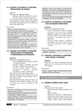 3.4. PLANTAS CULTIVADAS E SILVESTRES
                                                      Realizar cursos informando o processo de
      PRODUTORAS DE LENHAS
                                                      forragem, criando uma associação de pessoas
                                                      profissionais nesse processo limitando a
    Cenários
                                                      quantidade de caprinos e ovinos das nossas
    Desse tipo de vegetação existem:
                                                      comunidades.
       · Arbustos: calumbi, catingueira e jurema.
                                                      Fazer viveiro de todas essas plantas em Patamuté
       · Árvores: angico, aroeira e umbuzeiro.
                                                      e distribuir para as comunidades.
    A maioria ainda corta a lenha verde, muitas
    vezes matando a planta, está aumentando a
    quantidade de pessoas que tiram apenas as
                                                     3.6. PLANTAS CULTIVADAS E SILVESTRES
    partes que estão secas.                                COM UTILIDADES MEDICINAIS

Propostas                                                Cenários
 Plantar árvores da Caatinga.                            Desse tipo de vegetação existem:
 Criar viveiros de mudas nas comunidades.                  · Ervas: alho brabo, batata de purga,
 Ter fiscalização para as pessoas que retiram                camapu, cravo de urubu, macela,
 madeira para a venda para fora, a                           papaconha, pega pinto e quebra pedra.
 atravessadores que compram barato e sem                   · Arbustos: alecrim do campo, bruteiro,
 licença do IBAMA.                                           carqueja, muçambê, pau ferro e
 Conscientizar as pessoas a retirar só lenhas                piãozinho.
 secas, pois não devemos matar as plantas, as              · Árvores: ameixa, aroeira, caraíbeira,
 mesmas constroem a natureza.                                marmeleiro, pau branco, pau d’arco e
 Criar um grupo qualificado a retirar e                      umburana de cheiro. São remédios
 comercializar essa lenha, para que não haja                 naturais.
 pessoas destruindo o meio ambiente.
                                                     Propostas
3.5. PLANTAS CULTIVADAS E SILVESTRES                  Produzir e distribuir mudas de plantas com
                                                      utilidades medicinais.
      PRODUTORAS DE FORRAGENS
      E FORMADORAS DE PASTAGENS
                                                     3.7. PLANTAS CULTIVADAS E SILVESTRES
    Cenários
                                                           COM OUTRAS UTILIDADES
    Desse tipo de vegetação existem:
       · Ervas: beldroega, bredo, capins, ervanço        Cenários
          e lingua de galinha.                           Quanto à esse tipo de vegetação estamos
       · Arbustos: malvas, maniçoba, maracujá            perdendo o conhecimento e não temos
          do mato ou brabo e pau de colher.              informações.
       · Árvores: angico, aroeira, braúna,           Propostas
          catingueira,     facheiro,   juazeiro,
          mandacaru, turquia e umburana.              Buscar resgatar esses conhecimentos sobre
    Os criatórios comem nos pastos soltos.            plantas de outras utilidades.
    Algumas pessoas estão cortando as ramas
    para fazer forragem e para guardar de um
    ano para o outro.                                4. OS ANIMAIS E A FAUNA
    Existe grande saída de casca de angico da
    Caatinga como também madeira, que são
    retiradas sem nenhum controle e até              4.1. ANIMAIS CRIADOS NAS CASAS
    matando.
                                                         Cenários
Propostas                                                Desse tipo de animais existem:
 Estudar a utilidade da lã de seda e como                  · Cães: paca, quatro olhos, pequinês e vira
 fornecer para indústrias.                                   lata.
 Exigir ação fiscalizadora e aplicação da lei para         · Gatos: comum.
 a exploração irregular abusiva.                           · Espécies de Pássaros, Passarinhos e
 Retirar apenas a madeira necessária e de                    outras Aves: azulão, beija flor, bem-te-vi,
 preferência madeira seca para que não haja                  bigode, cabeça vermelha, caboquinho,
 desequilíbrio na Caatinga.                                  canção, cheque, coleira, fogo apagou,


 106      Patamuté e Mundo Novo                       I. Utilização e Gestão Sustentável dos Recursos Naturais
 