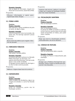 Povoado e fazendas                                Propostas
    Não se dispõe de informação, ninguém tem           Implantar onde não tem, melhorar o que existe
    Alvará de Funcionamento, exceto Maria Hilda.       e exigir que a equipe da fiscalização sanitária
Propostas                                              atue mais nessas localidades.
 Oferecer informações e           apoio    para
 regularização dessa situação.
                                                      5.5. FISCALIZAÇÃO SANITÁRIA

                                                          Cenários
5.2. FEIRAS LIVRES                                        Projeto e fazendas
                                                          Não há fiscalização sanitária.
    Cenários
    Projeto e fazendas                                    Povoado e fazendas
    Não existe feira, apenas vendedores de porta          Não há fiscalização sanitária.
    em porta, de alguns artigos.                          O pessoal da ADAB só fiscaliza os caprinos,
    Povoado e fazendas                                    ovinos e bovinos, quando esses animais estão
    A feira livre que já foi muito movimentada, não       sendo transportados em balsas, para poder
    existe mais. No domingo aparecem poucas               cobrar impostos.
    barracas.                                         Propostas
Propostas                                              Exigir que ocorra a fiscalização sanitária
 Buscar apoio da prefeitura para resgatar a feira      continuadamente e de forma educativa.
 livre do povoado.

                                                      5.6. CÓDIGO DE POSTURA
5.3. MERCADOS PÚBLICOS
                                                          Cenários
    Cenários                                              Projeto e fazendas
    Projeto e fazendas                                    Não há conhecimento sobre o assunto.
    Não existem mercado público.
                                                          Povoado e fazendas
    Povoado e fazendas                                    O Código de Postura é desconhecido pela
    O comércio de frutas e verduras é no Mercado          população.
    Público Municipal, aos domingos, com
    apenas outras duas barracas, uma que vende        Propostas
    doces e outra vende variedades.                    Divulgar que a Prefeitura Municipal tem que
    O Açougue funciona apenas aos domingos e           favorecer, motivar e apoiar as escolas para que
    se situa no lado norte do povoado.                 ocorram mais discussões.
Propostas
 Melhorar a higiene desse locais de comércio.


5.4. MATADOUROS

    Cenários
    Projeto e fazendas
    Todos os abates são clandestinos, alguns nas
    margens de estradas e a carne fica levando
    poeira.

    Povoado e fazendas
    Existe um matadouro, porém não há
    fiscalização sanitária.




 164      Pedra Branca                                          III. Sustentabilidade Urbana e Infra-estrutura
 